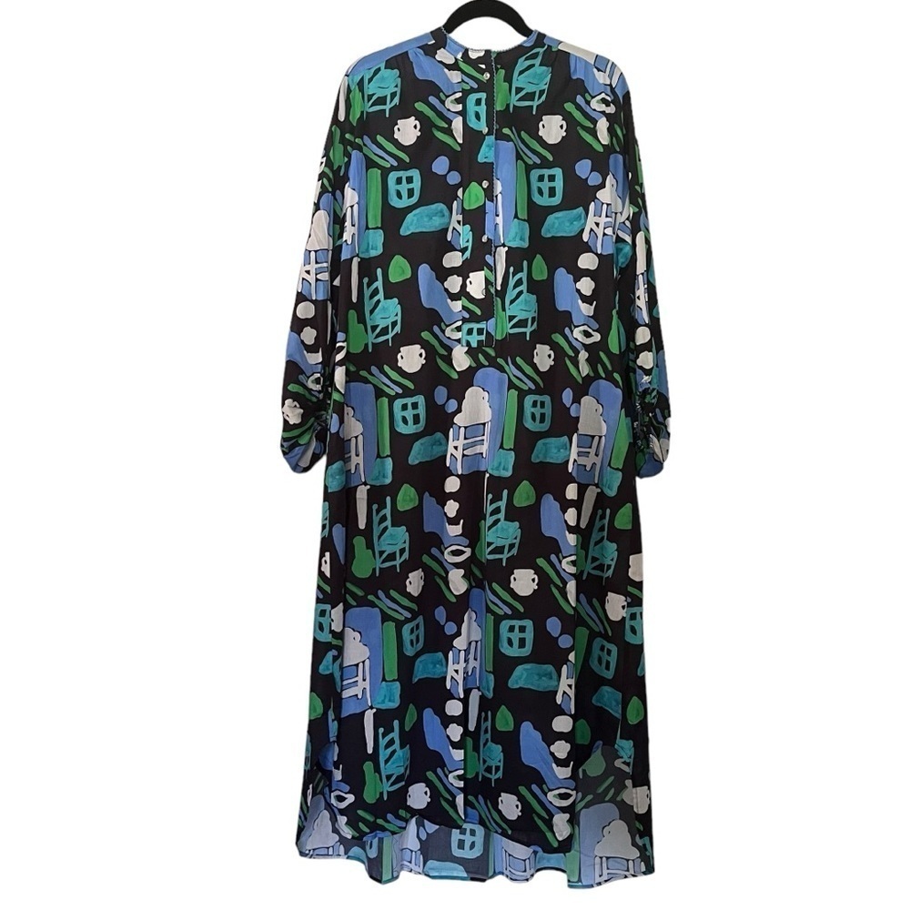 De Loreta Josefa maxi trapeze dress in Arcilla Azul print with balloon sleeves